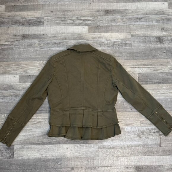 White House Black Market olive military jacket ruffle back womens size 12 E32 - Picture 5 of 6